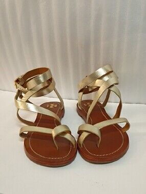 Tory Burch Metallic Gold tone Leather Strappy Flat Sandals Size 8.5
